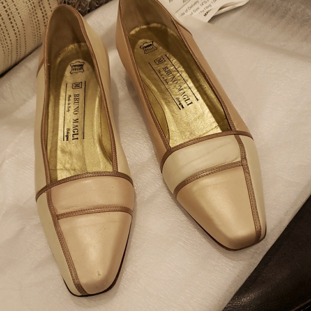 Bruno Magli Two-Tone Cream and Tan Leather Pointed Flats